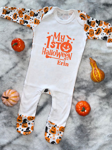 Personalised First Halloween Pumpkin Sleepsuit