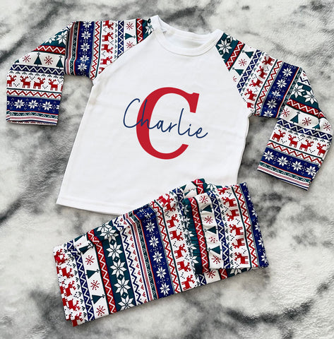 Personalised Name Initial Fair Isle Kids' Christmas Pyjamas