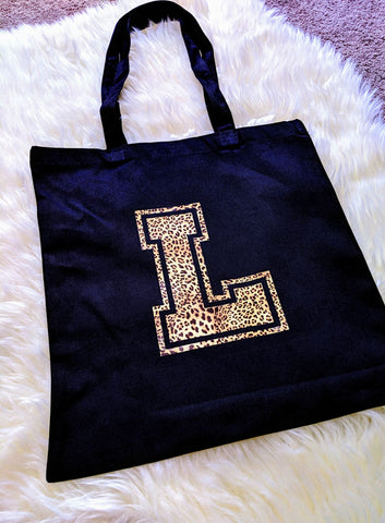 Leopard Print Initial Tote Bag