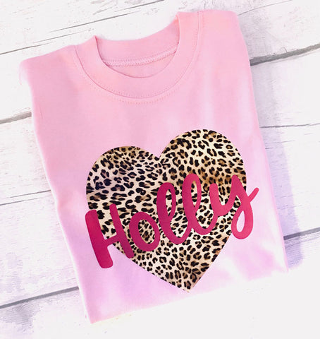 Personalised Leopard Print Heart Girls' T Shirt